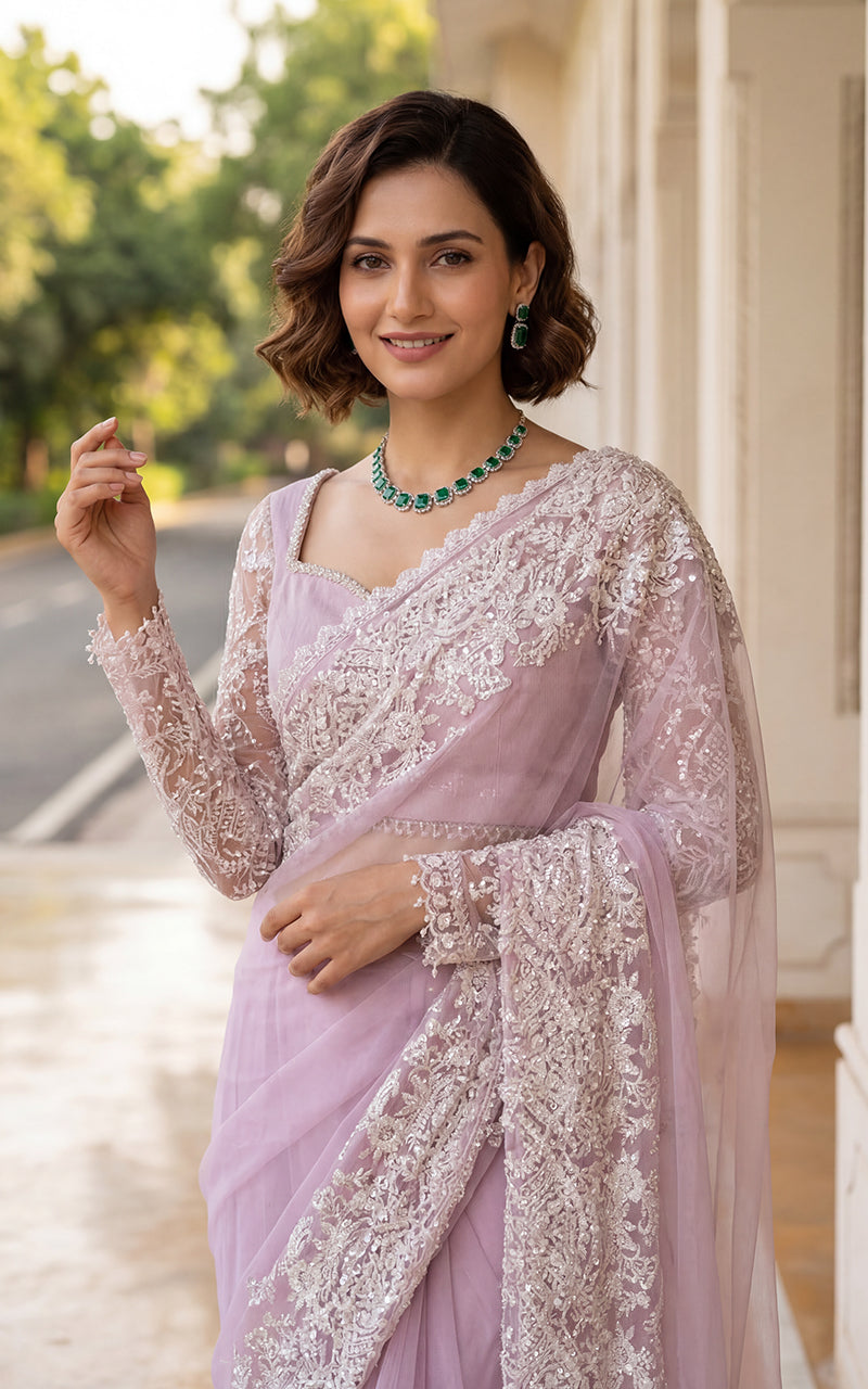 Ethereal Lavender Lace & Sequin Embroidered Saree