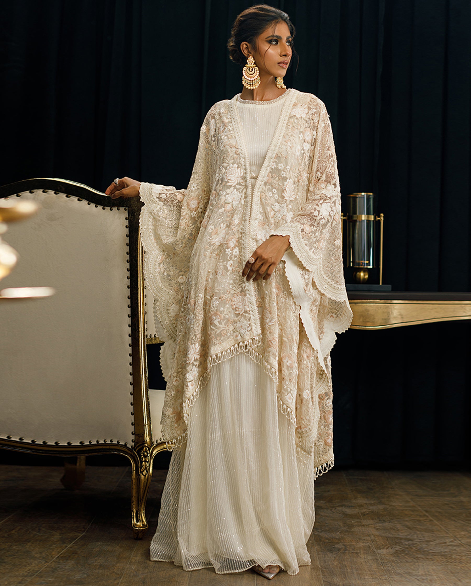 Organza Embroidered Cape With Maxi