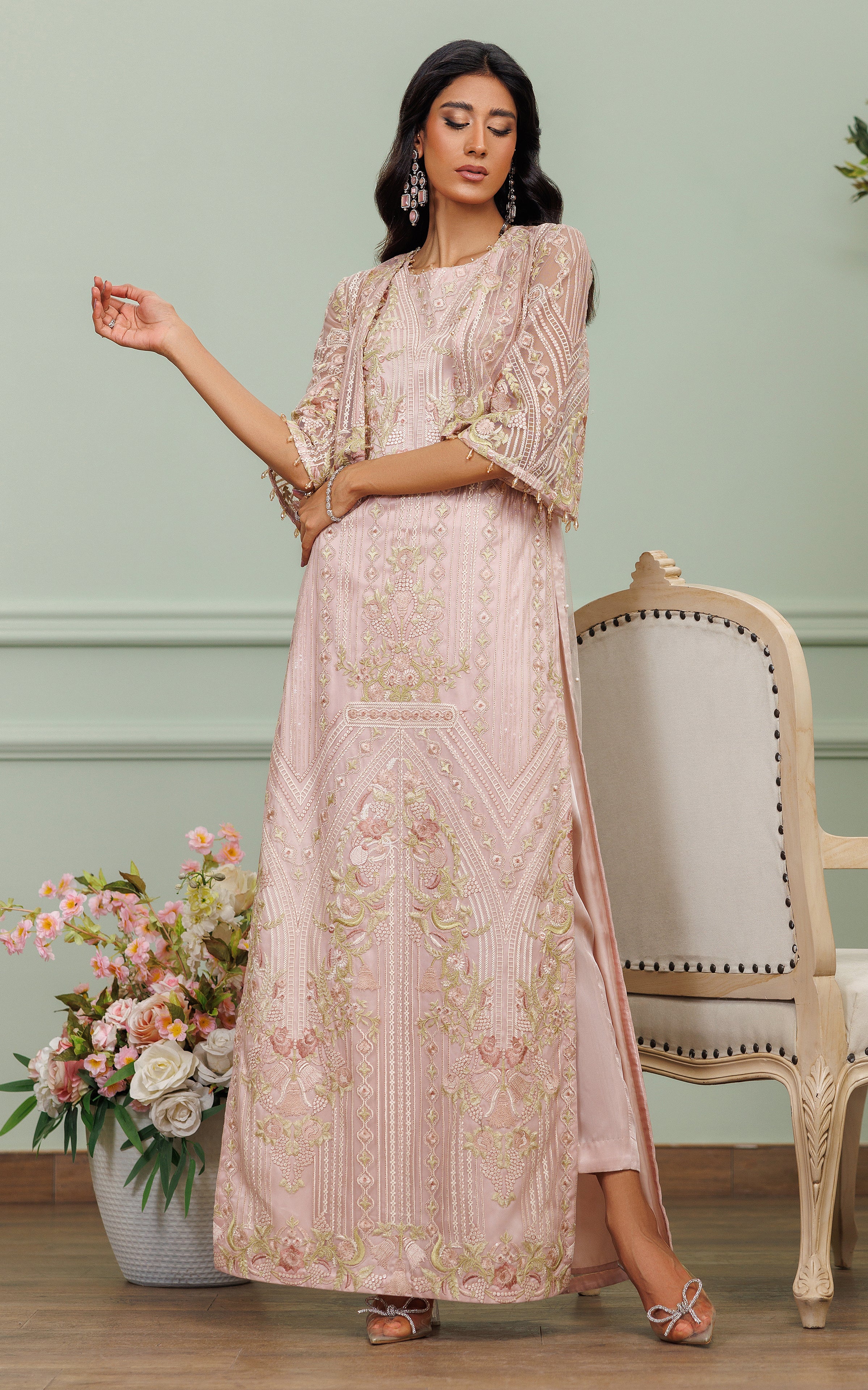 Net Embroidered Cape With Embroidered Dress