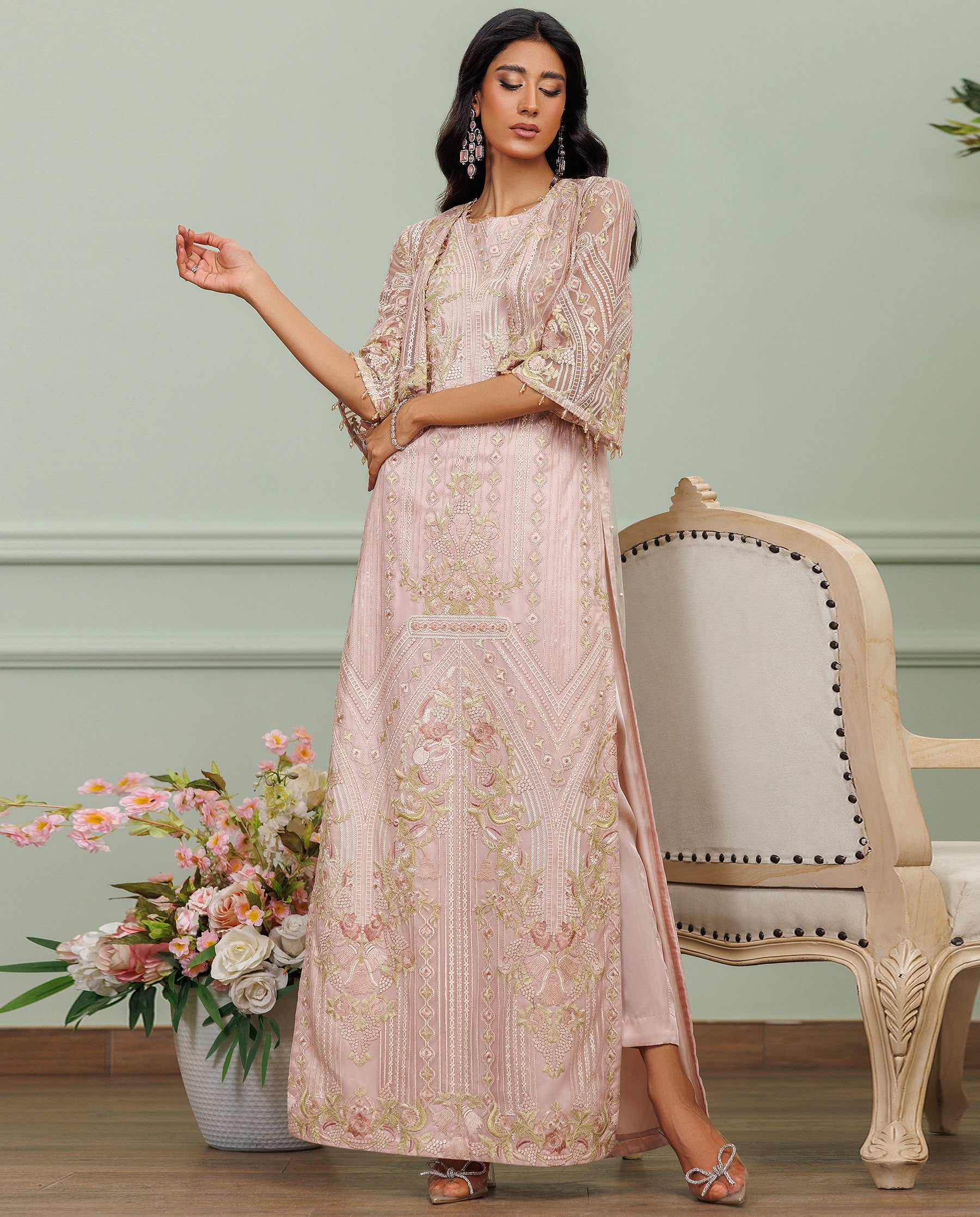 Unstitched Dusty Mauve Embroidered Net Ensemble