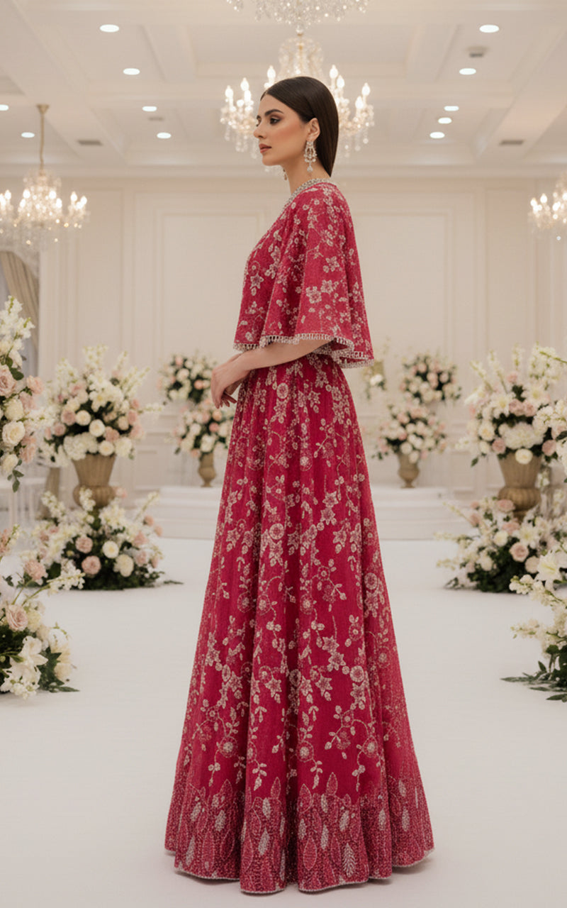 Net Embroidered Blouse With Cape And Lehenga