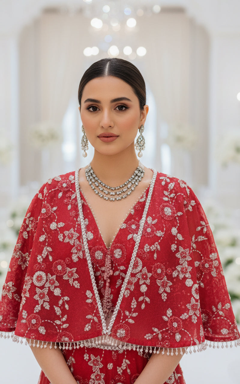 Net Embroidered Blouse With Cape And Lehenga
