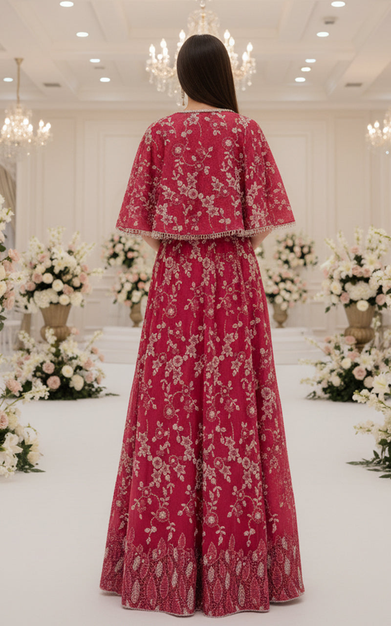 Net Embroidered Blouse With Cape And Lehenga