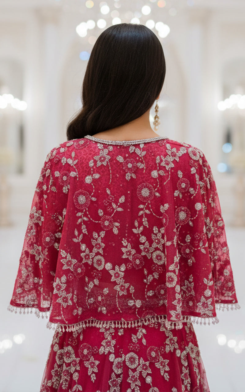 Net Embroidered Blouse With Cape And Lehenga