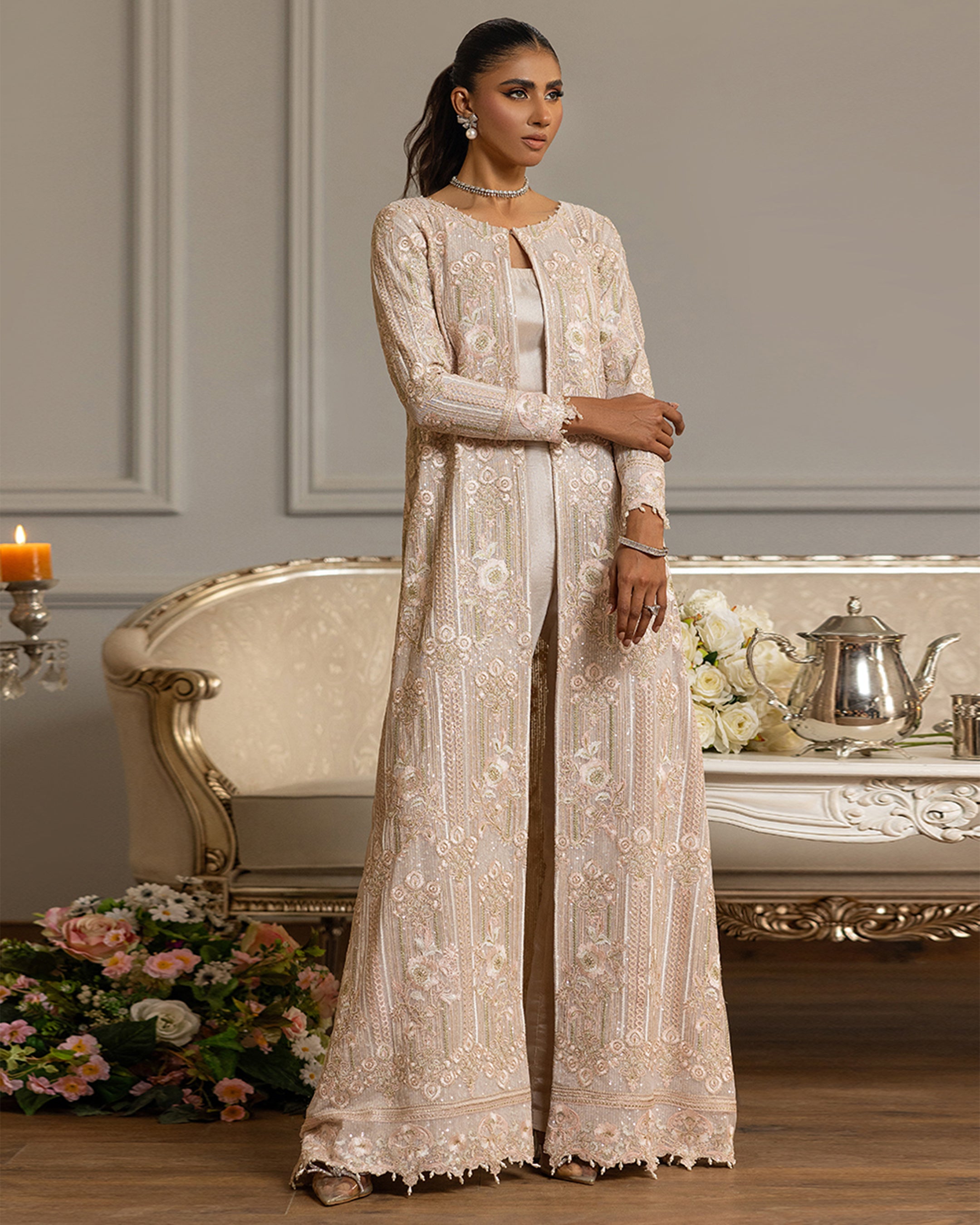 Unstitched Net Embroidered Jacket With Trouser