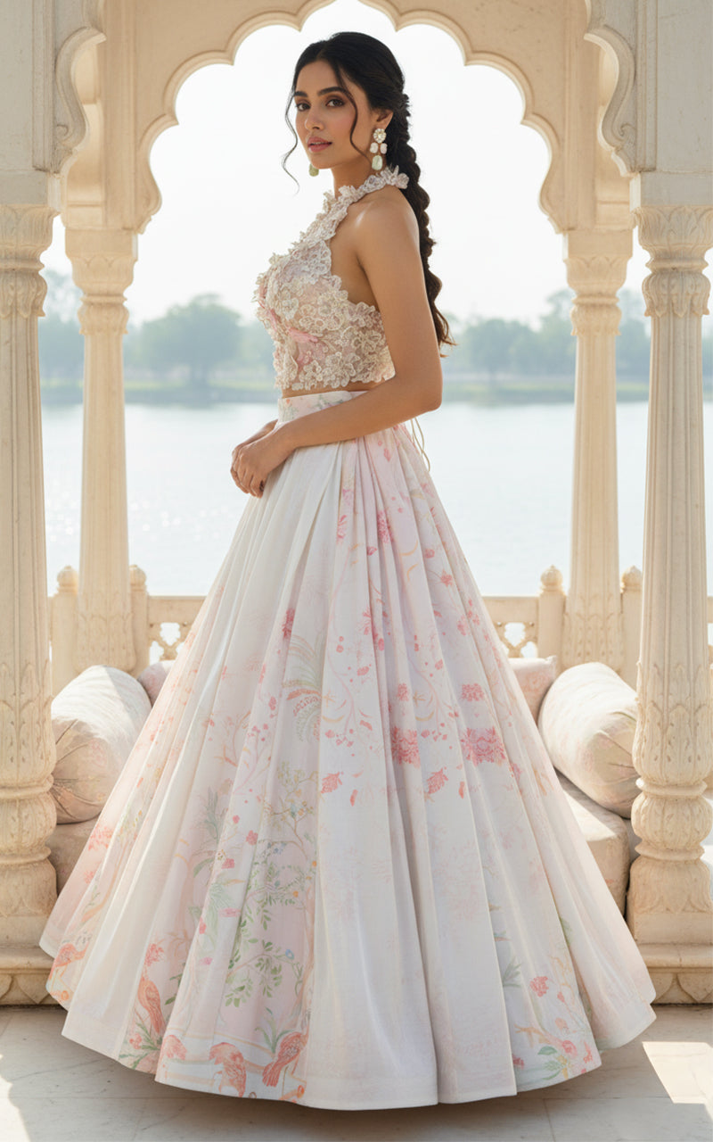 Unstitched Embellished Blouse With Printed Lehenga