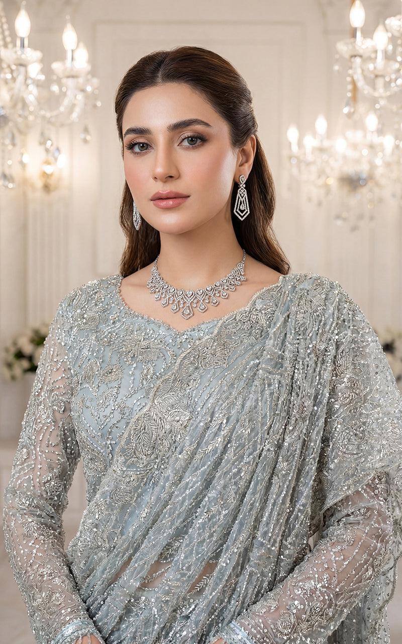 Net Embroidered Blouse With Skirt saree