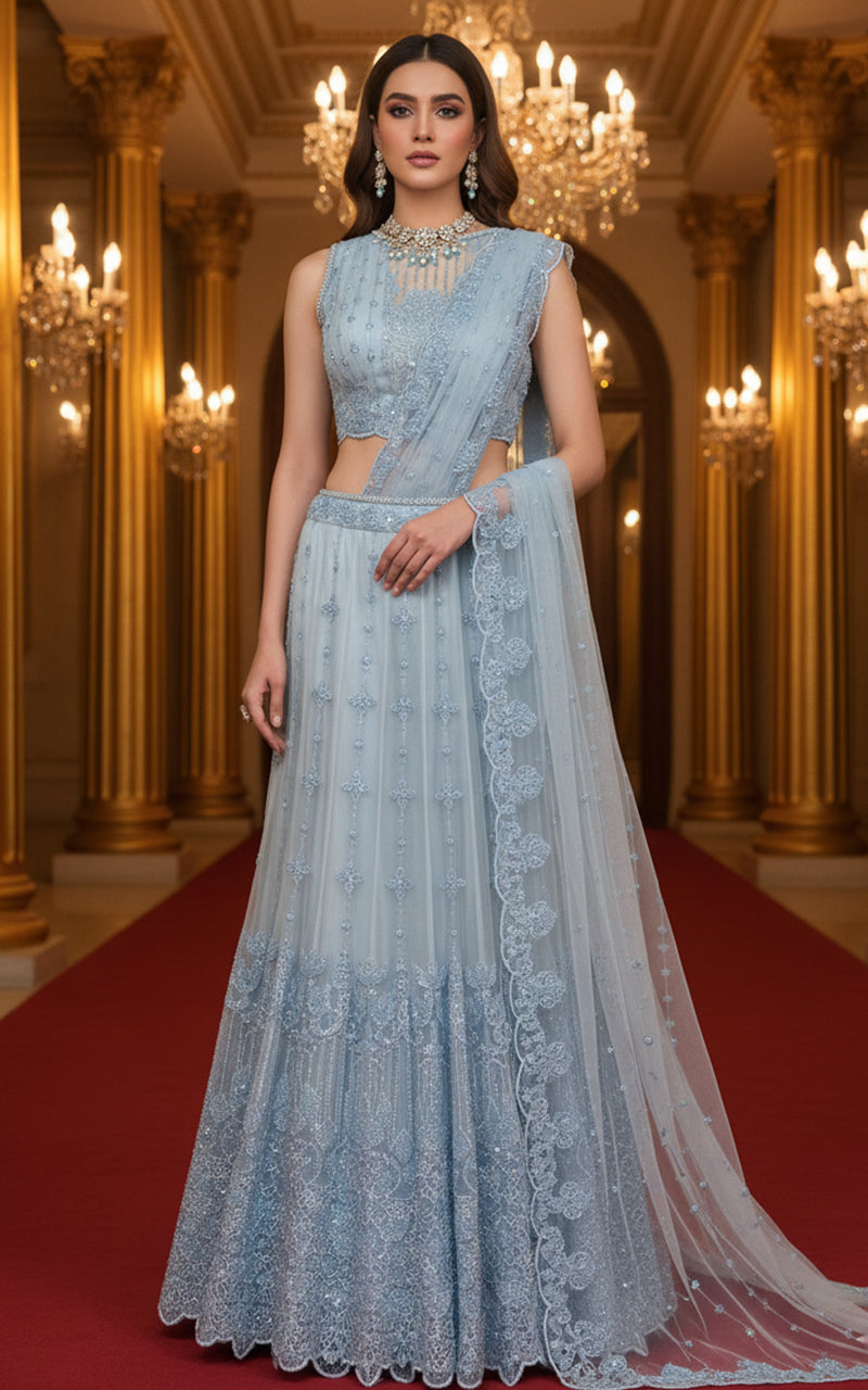 Embroidered Blouse With Skirt Saree