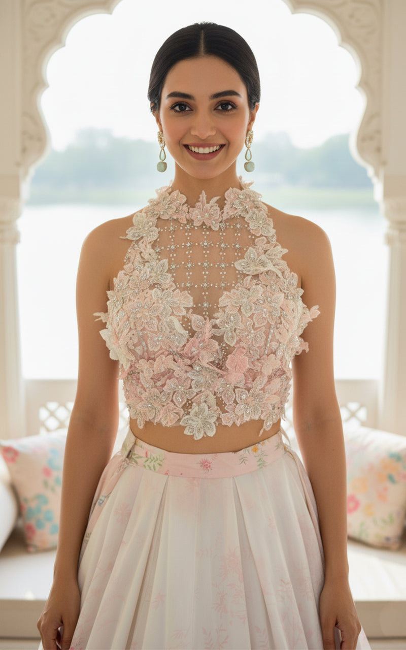 Unstitched Embellished Blouse With Printed Lehenga