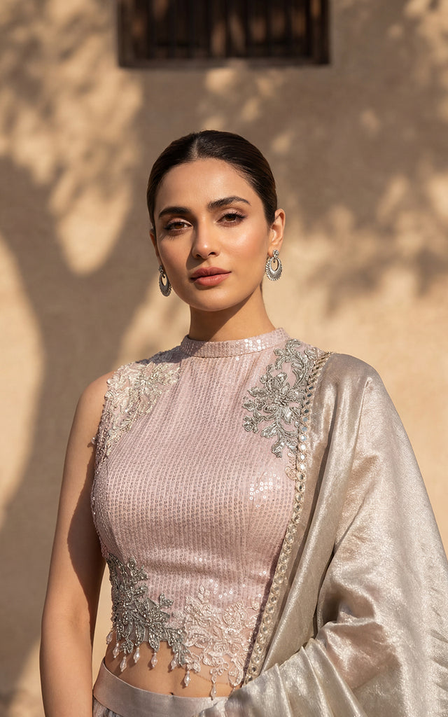 Unstitched Embellished Blouse With Printed Lehenga