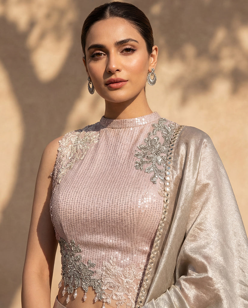 Embellished Blouse With Printed Lehenga