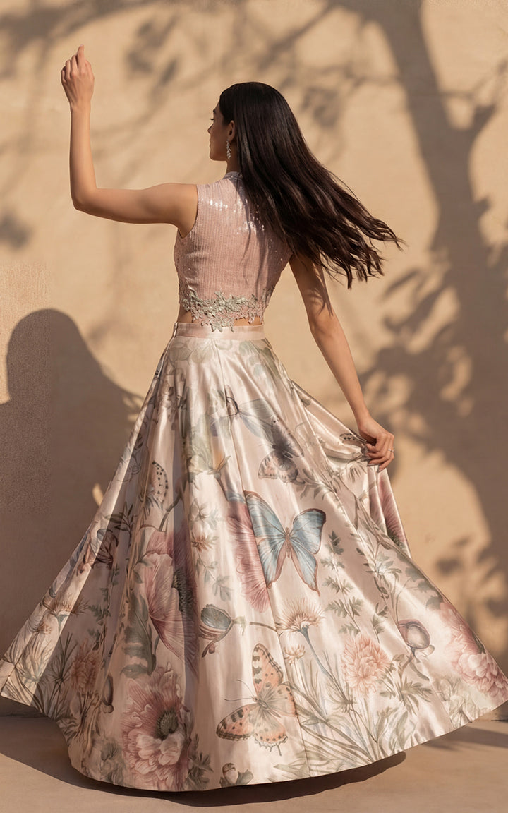 Embellished Blouse With Printed Lehenga