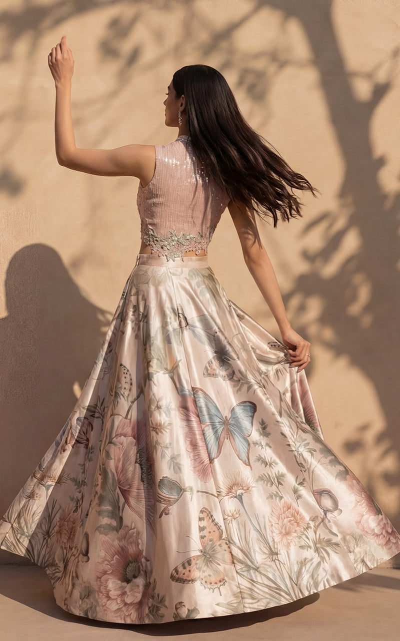 Unstitched Embellished Blouse With Printed Lehenga