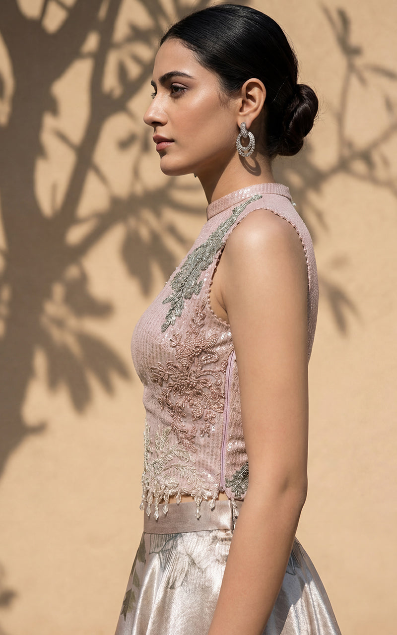 Unstitched Embellished Blouse With Printed Lehenga