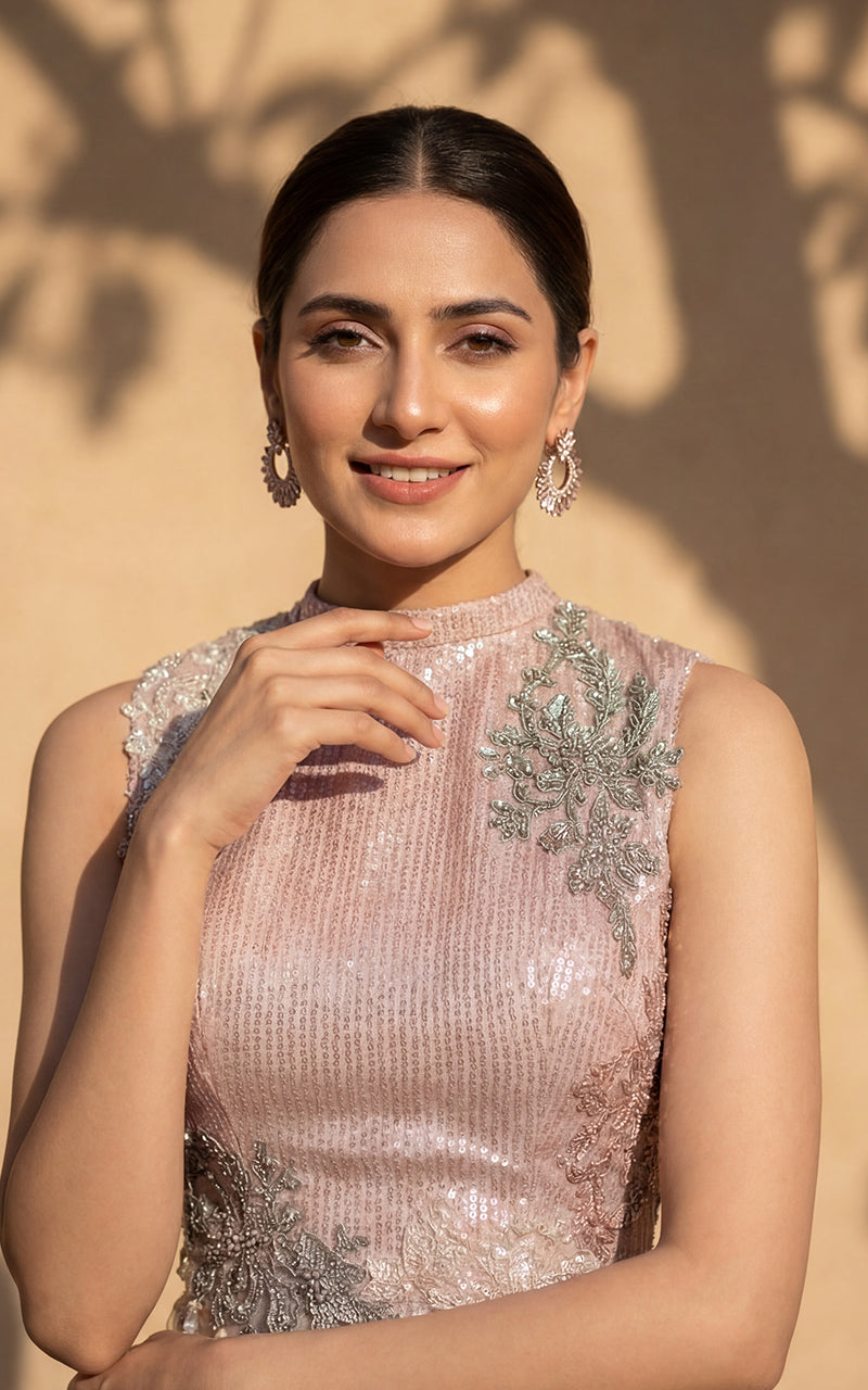 Unstitched Embellished Blouse With Printed Lehenga