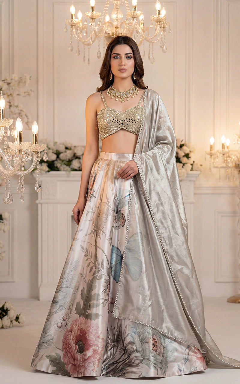Mirror Work Blouse With Printed Skirt