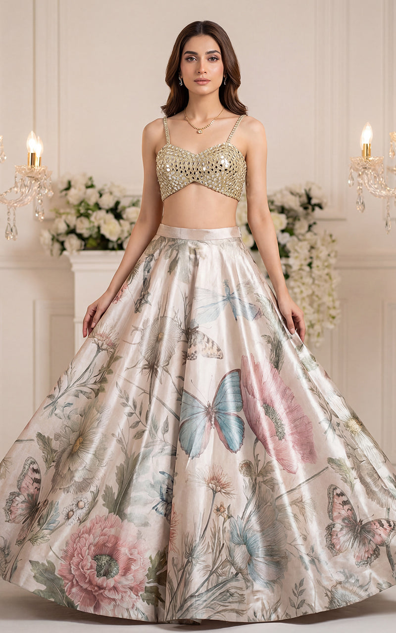 Mirror Work Blouse With Printed Skirt