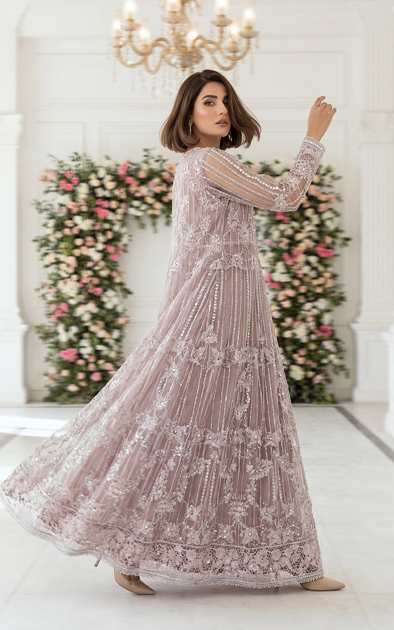 Unstitched Mauve Glimmer Open-Front Jacket With Maxi dress