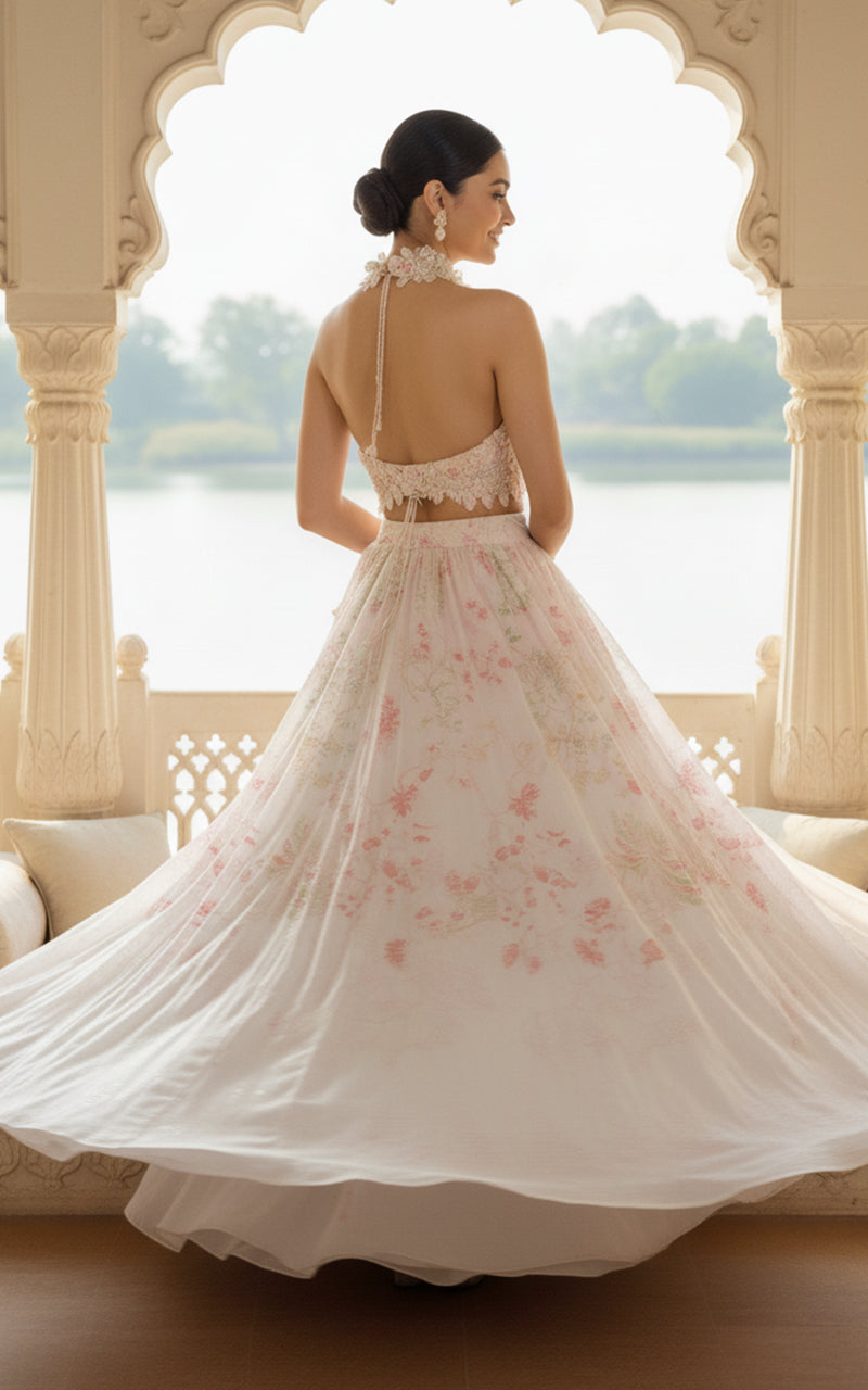 Unstitched Embellished Blouse With Printed Lehenga