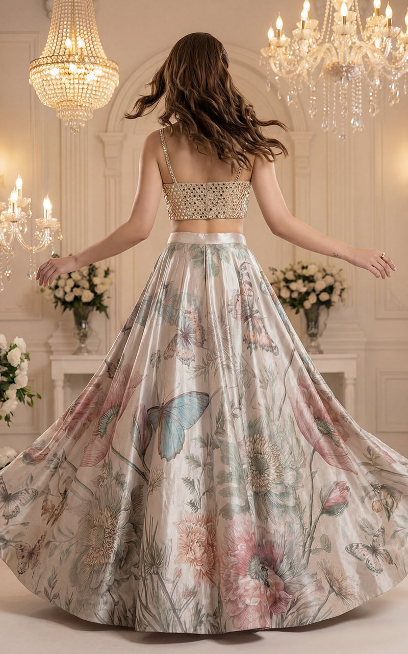 Mirror Work Blouse With Printed Skirt