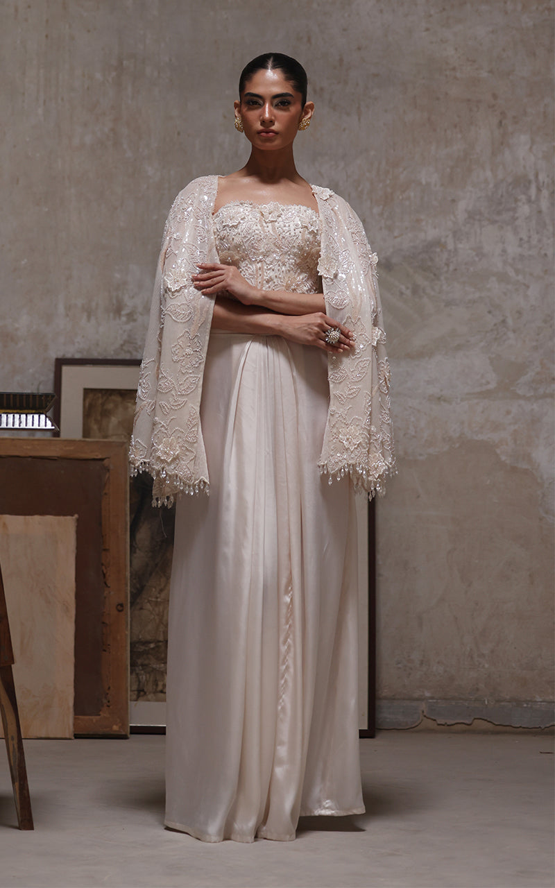 Net Embroidered Jacket With Blouse And Skirt