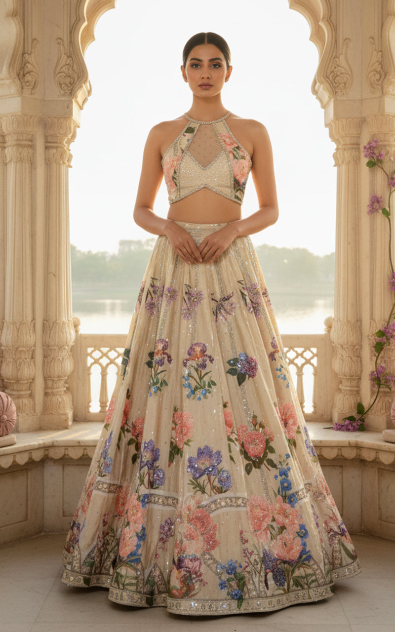 Embellished Blouse With Embellished Printed Lehenga