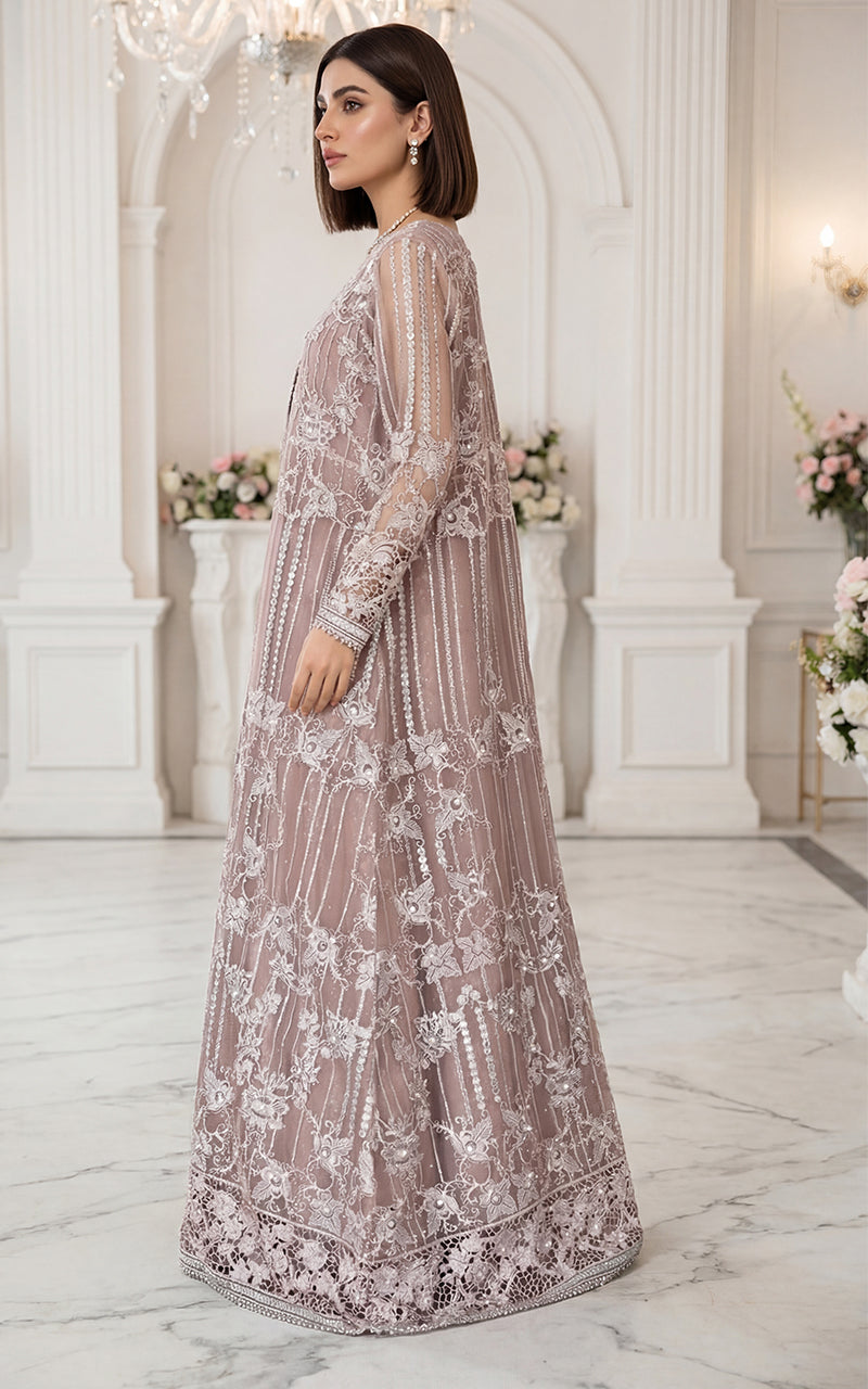 Unstitched Mauve Glimmer Open-Front Jacket With Maxi dress