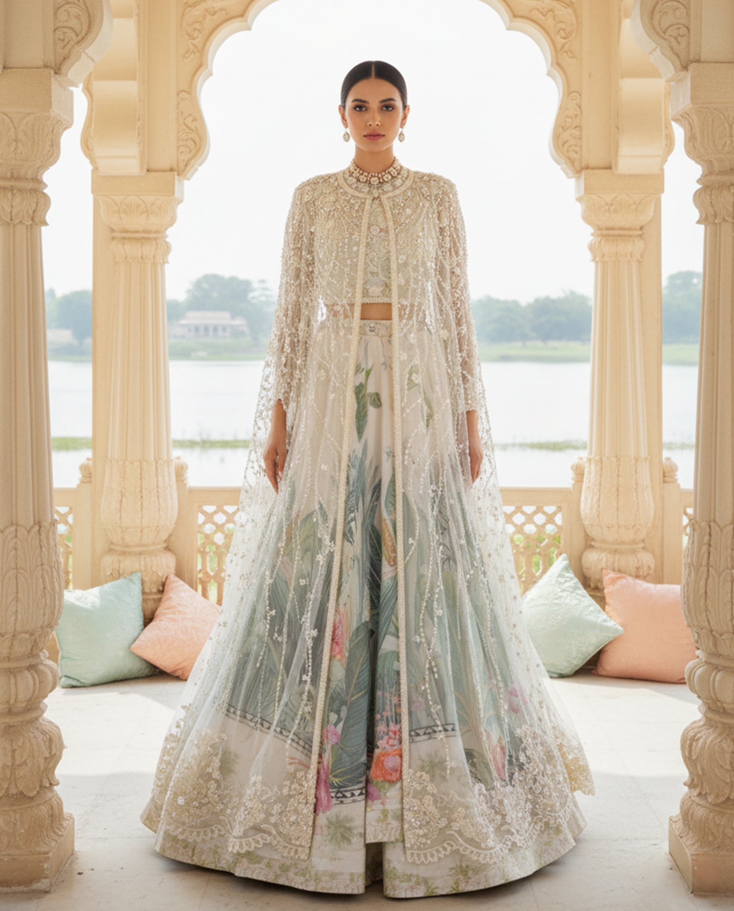 Embellished Blouse With Jacket And Printed Lehenga