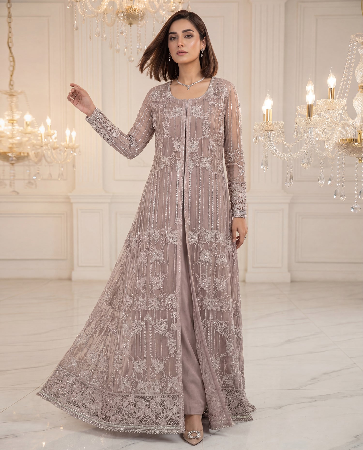 Unstitched Mauve Glimmer Open-Front Jacket With Maxi dress