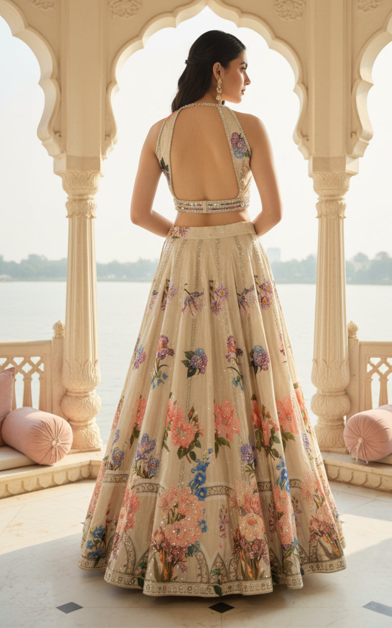 Unstitched Embellished Blouse With Printed Lehenga