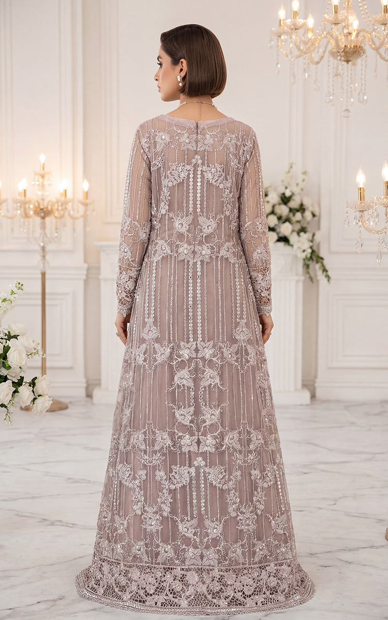 Unstitched Mauve Glimmer Open-Front Jacket With Maxi dress