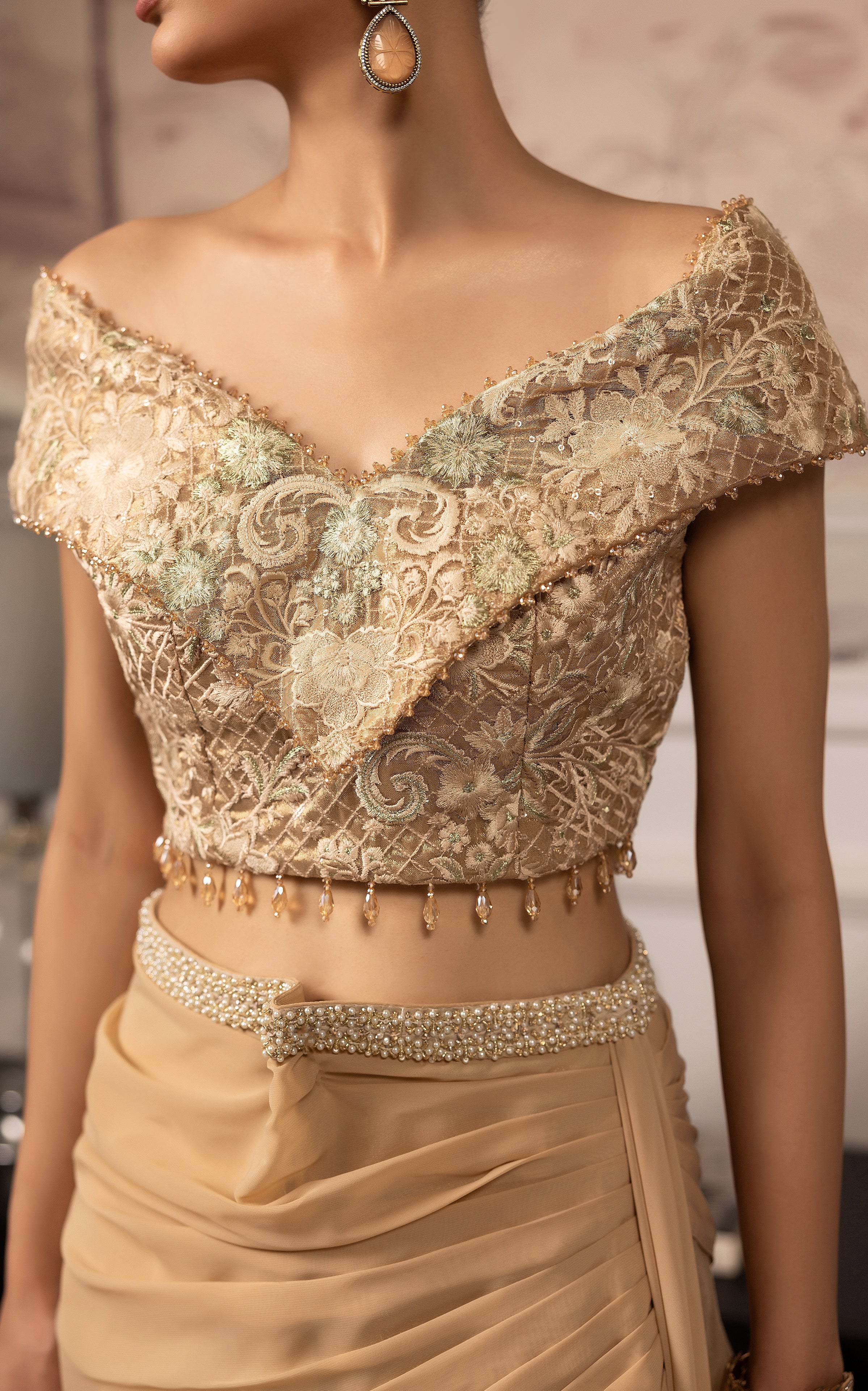 Unstitched Embroidered Blouse With Skirt