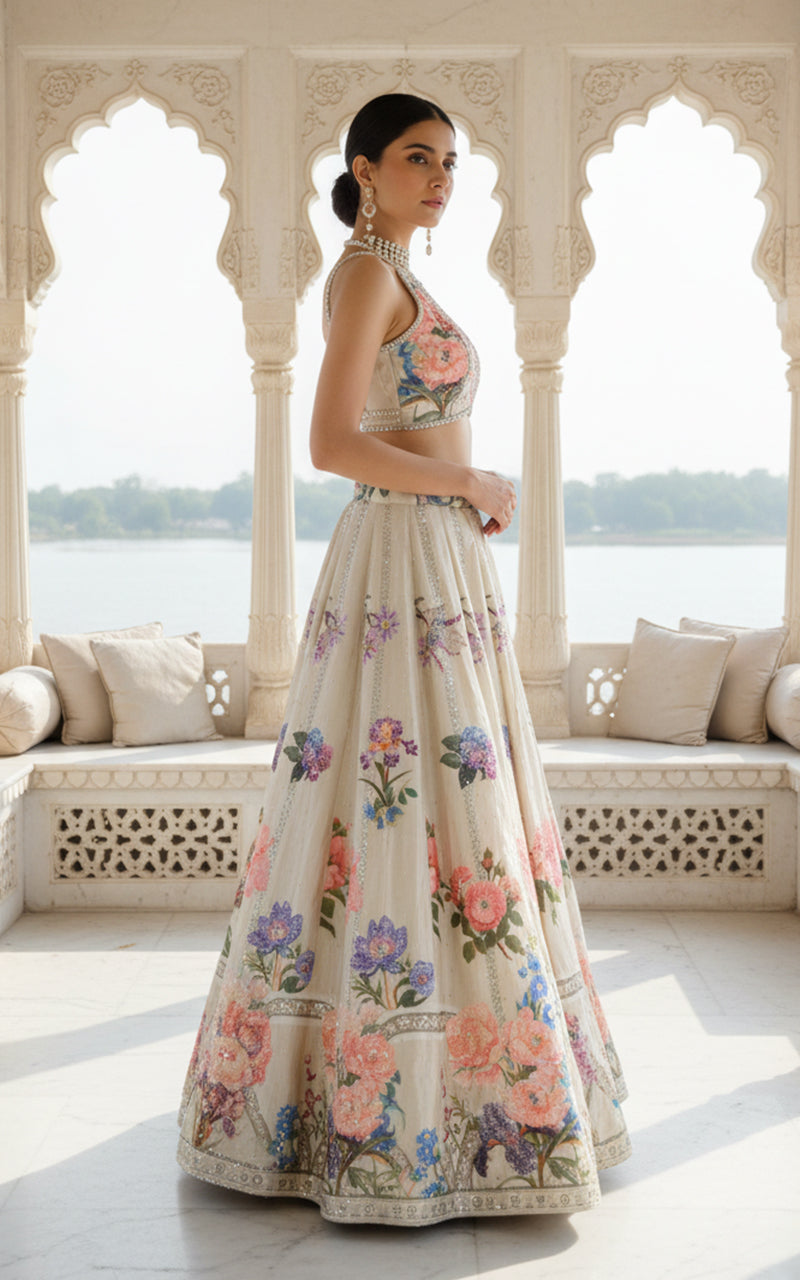 Unstitched Embellished Blouse With Printed Lehenga