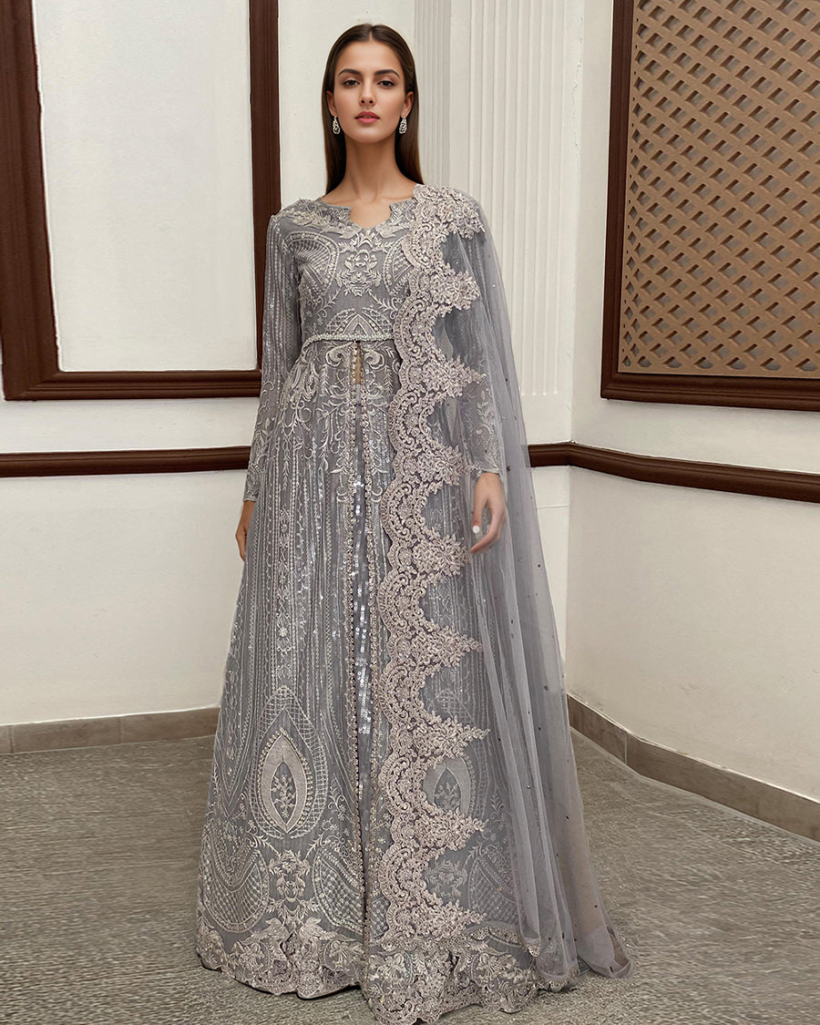 Net Embroidered Maxi With Dupatta