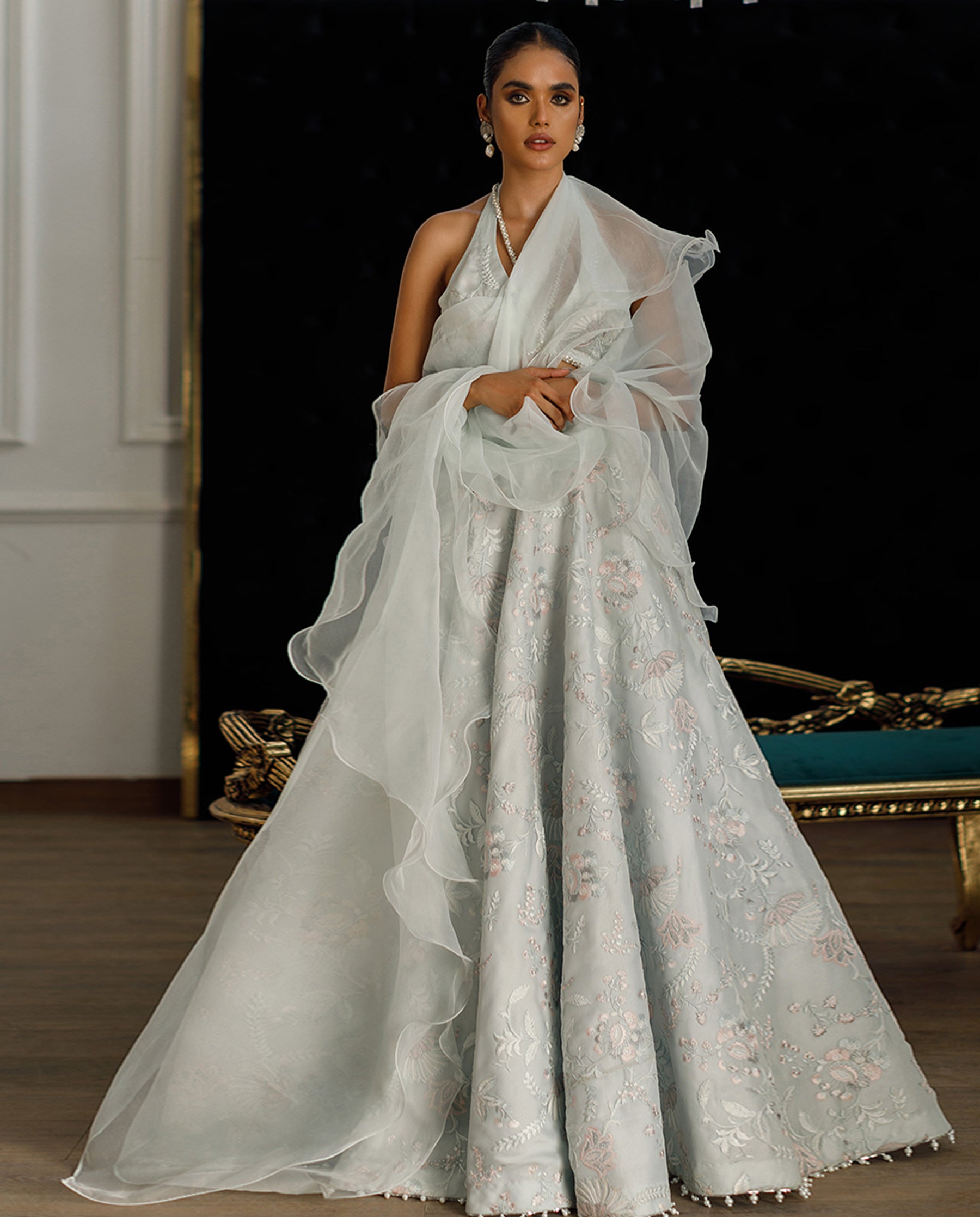 Unstitched Organza Embroidered Blouse And Skirt