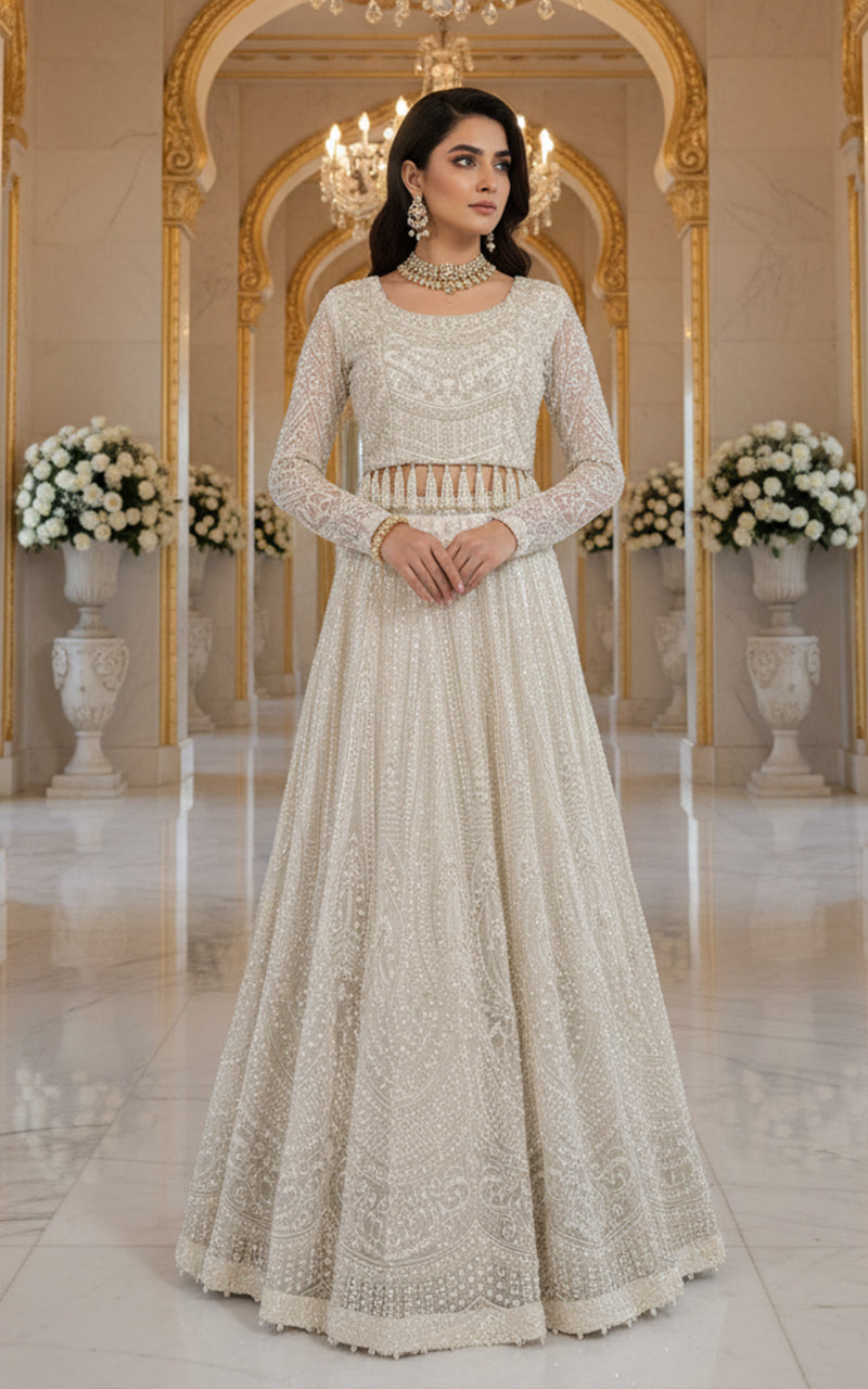 Net Embroidered Blouse and Lehenga