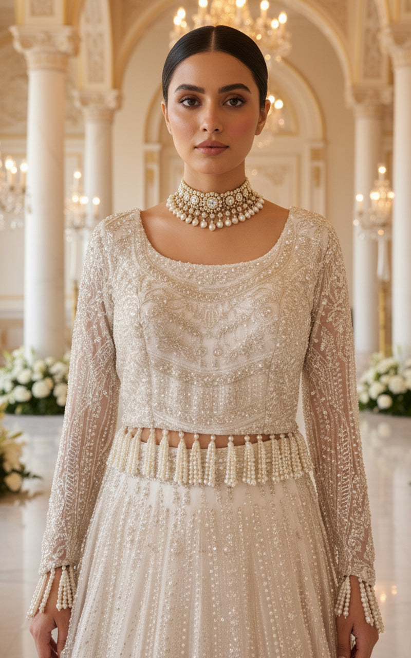 Net Embroidered Blouse and Lehenga