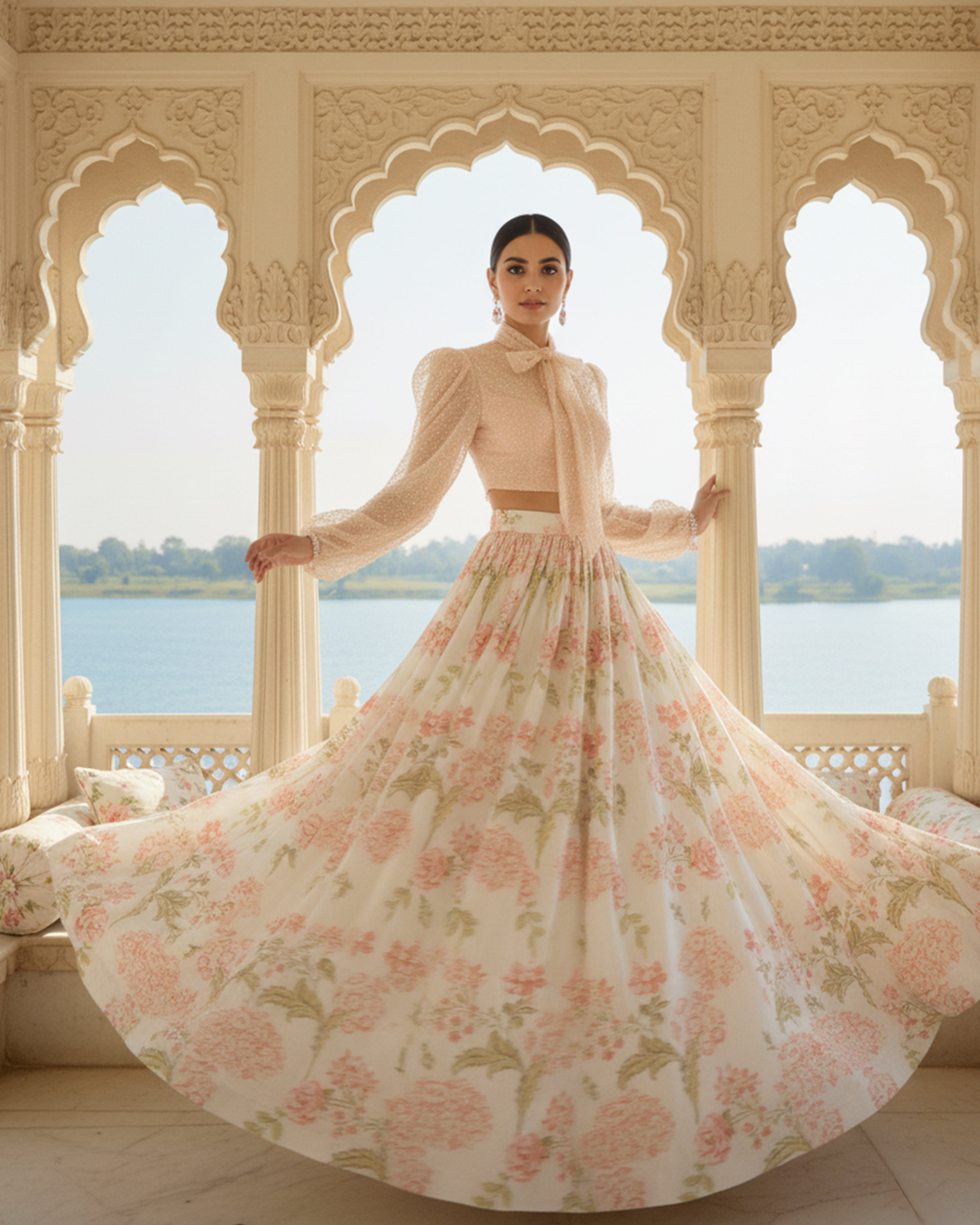 Embellished Blouse With Printed Lehenga