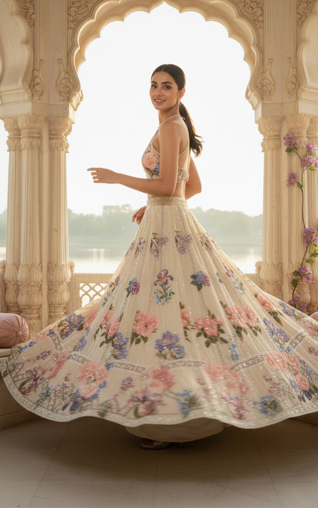 Unstitched Embellished Blouse With Printed Lehenga