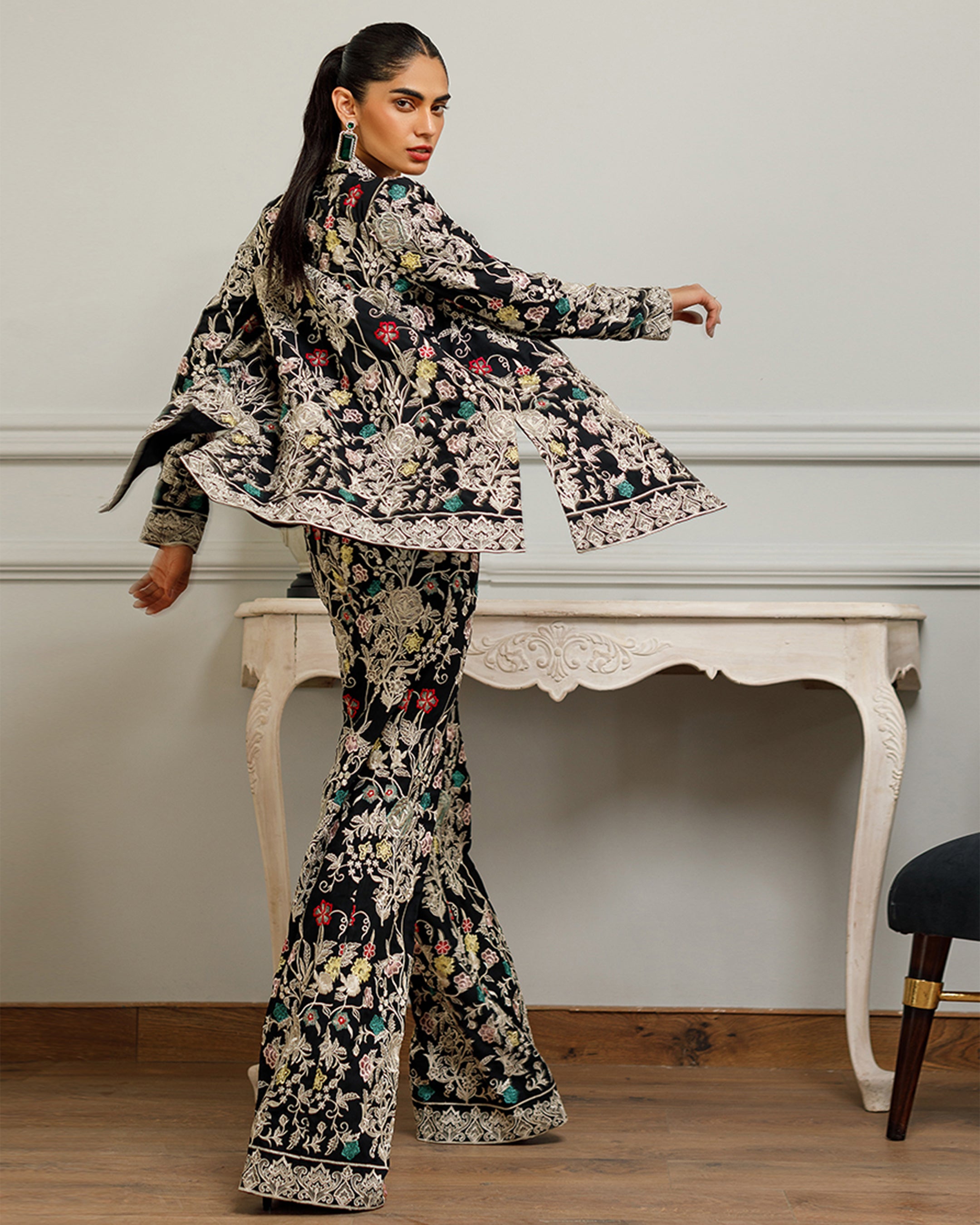 Unstitched Chiffon Embroidered Jacket With Trouser