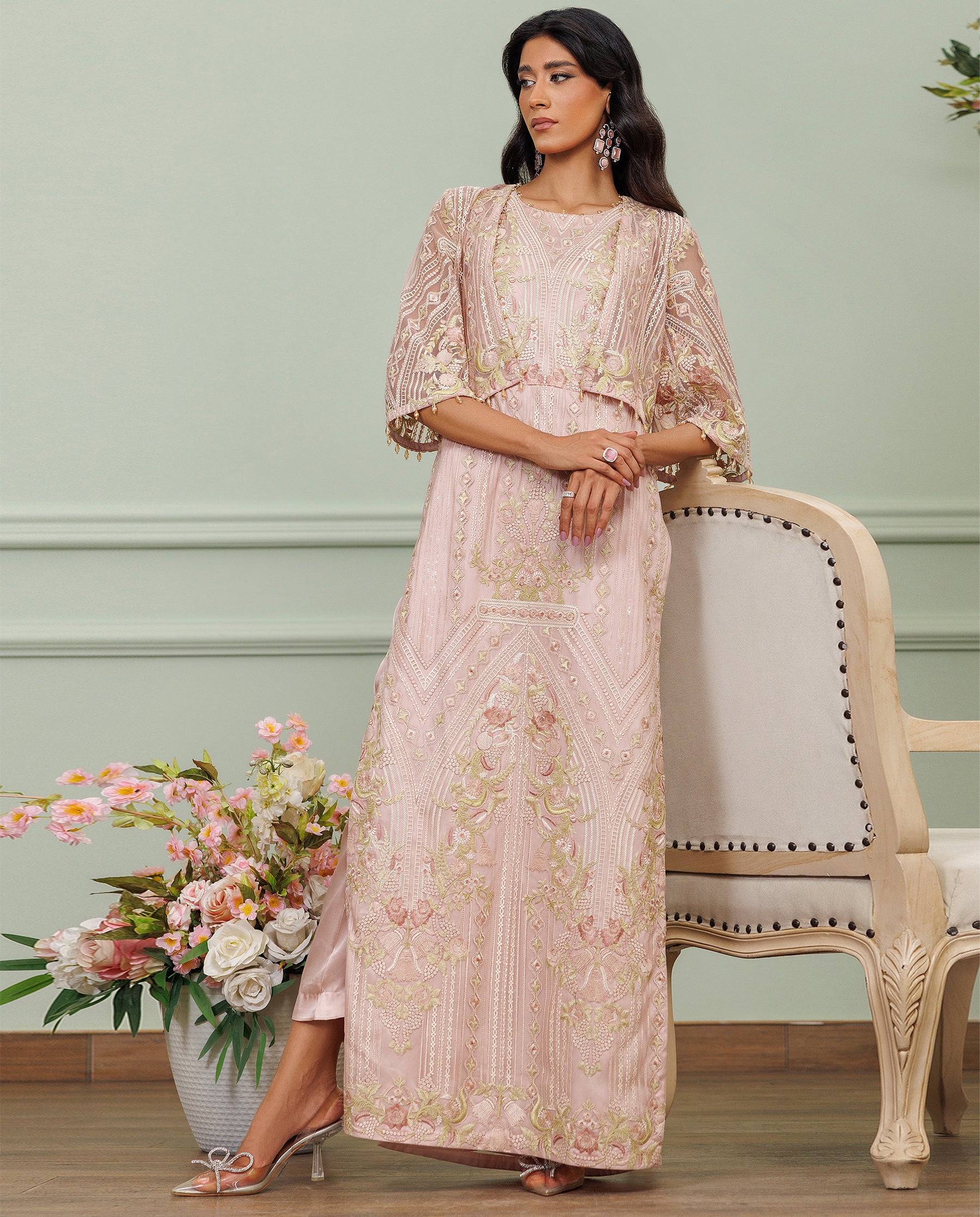 Unstitched Dusty Mauve Embroidered Net Ensemble