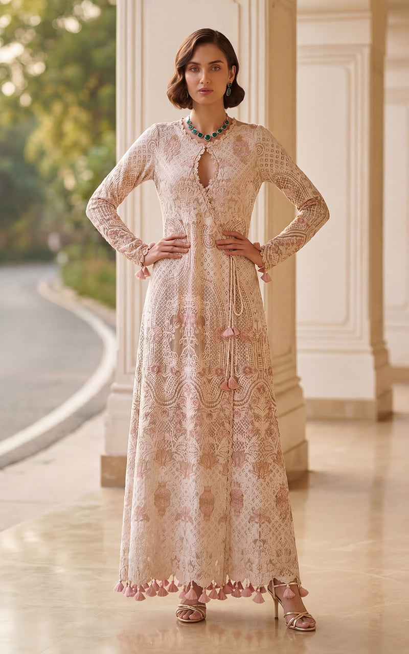 Petal Peach Chikankari Front‑Open Angrakha with Tapered Pants