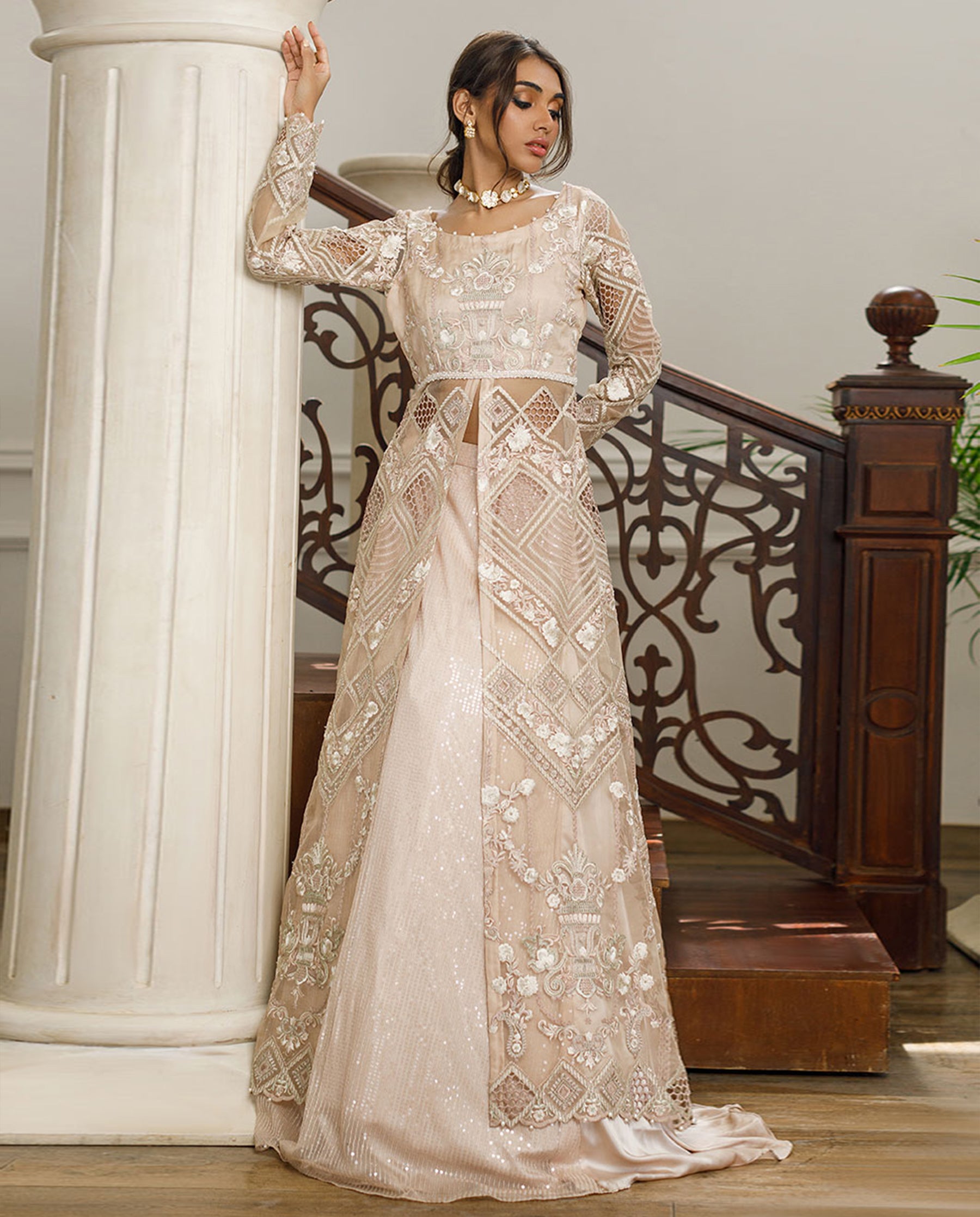 Organza Embroidered Dress With Skirt