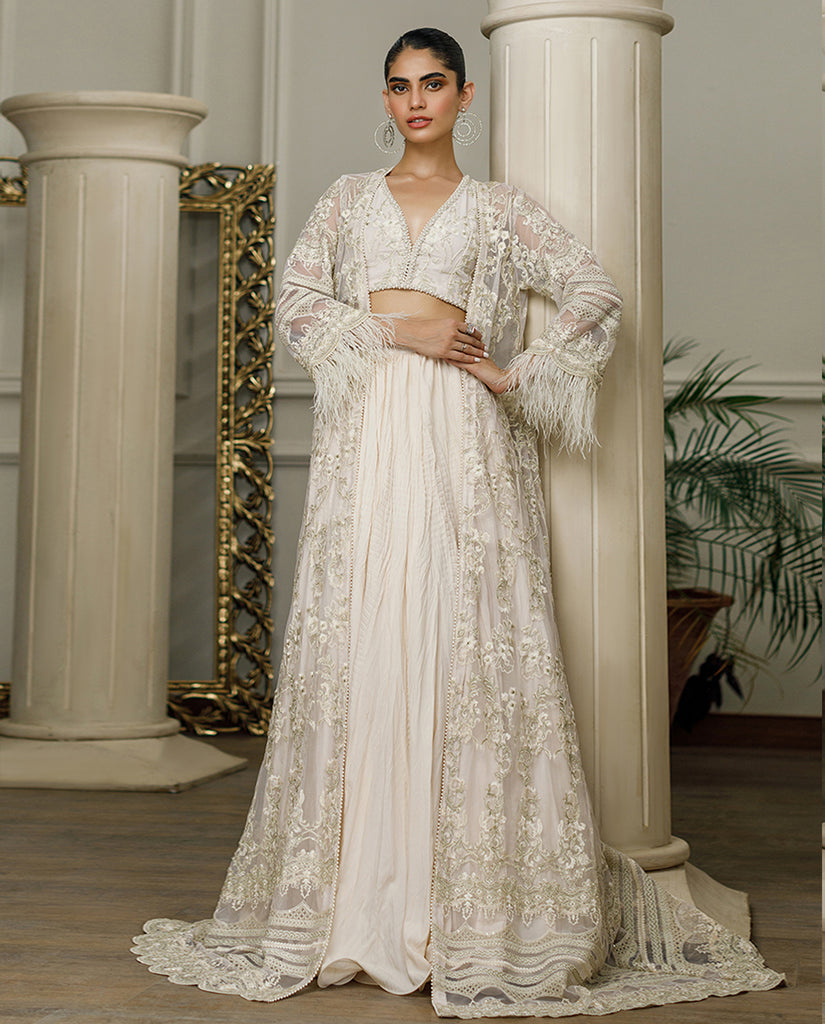 Net Embroidered Jacket With Skirt