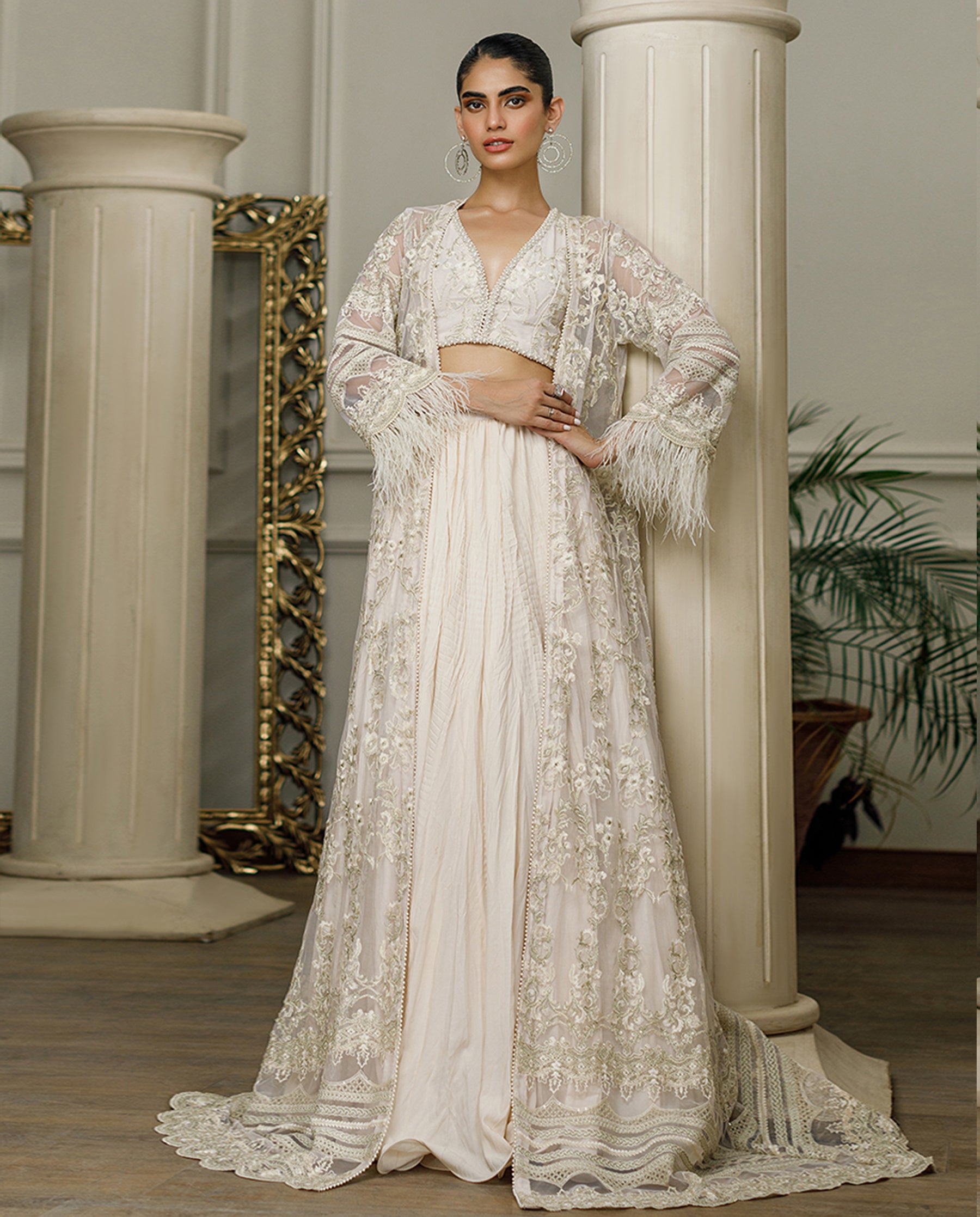 Net Embroidered Jacket With Skirt
