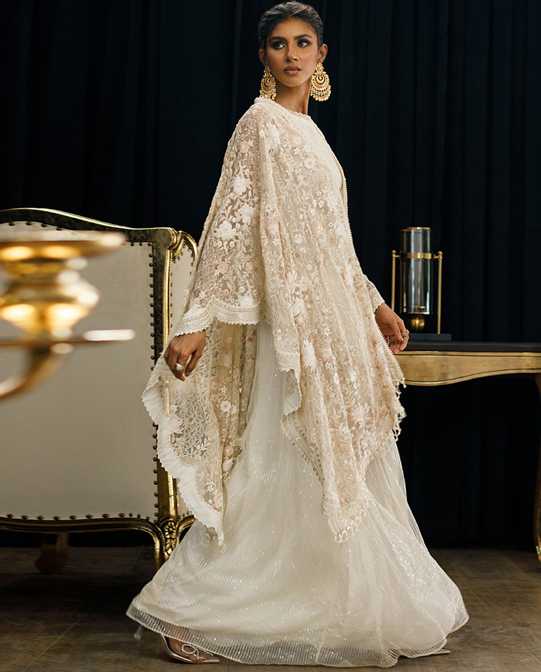 Organza Embroidered Cape With Maxi