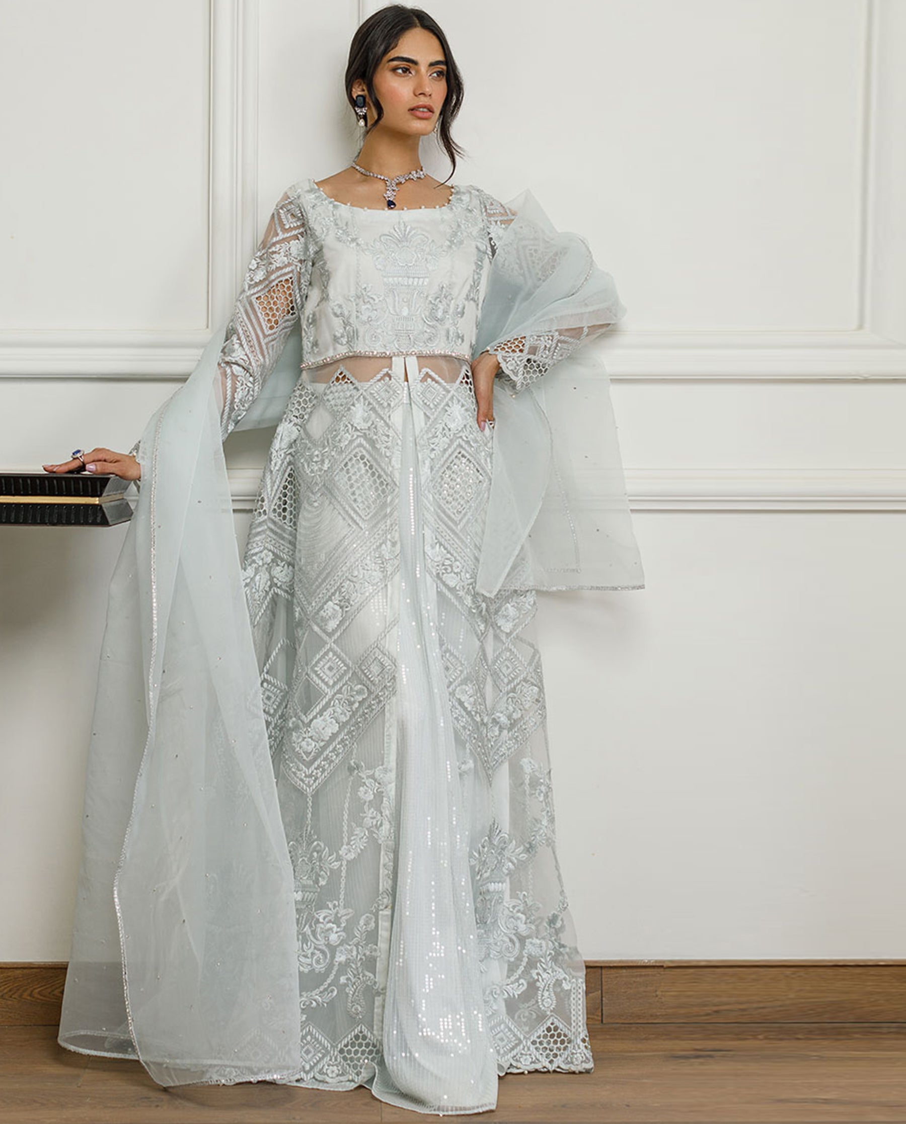 Organza Embroidered Dress With Skirt
