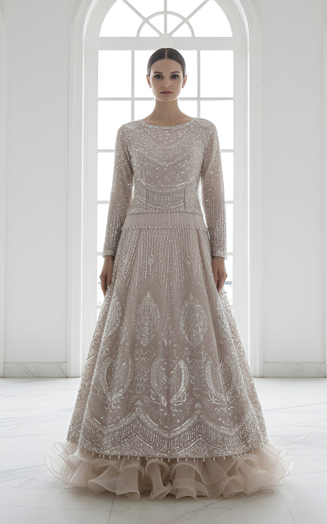 Net Embroidered Blouse With Lehenga