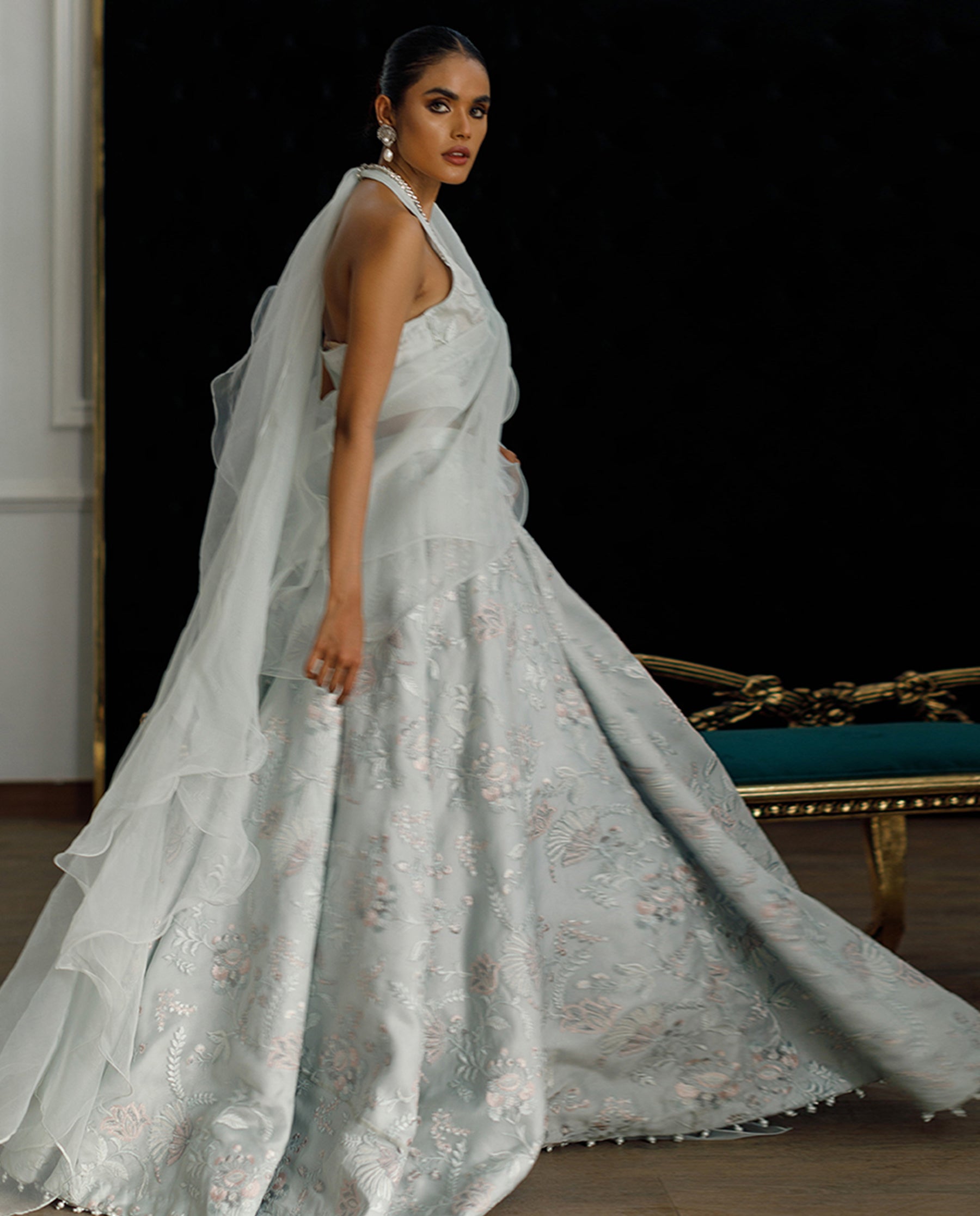 Unstitched Organza Embroidered Blouse And Skirt