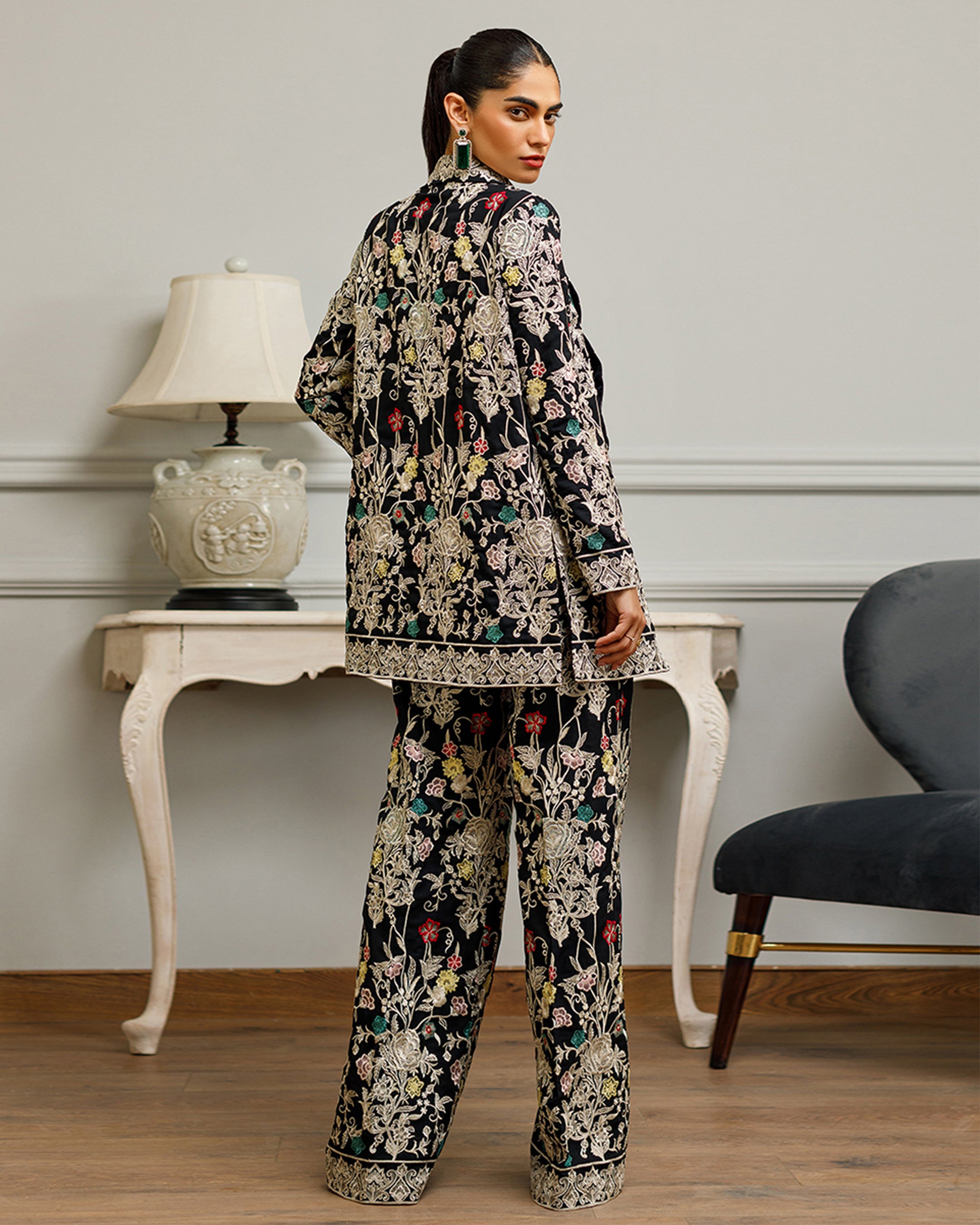 Unstitched Chiffon Embroidered Jacket With Trouser